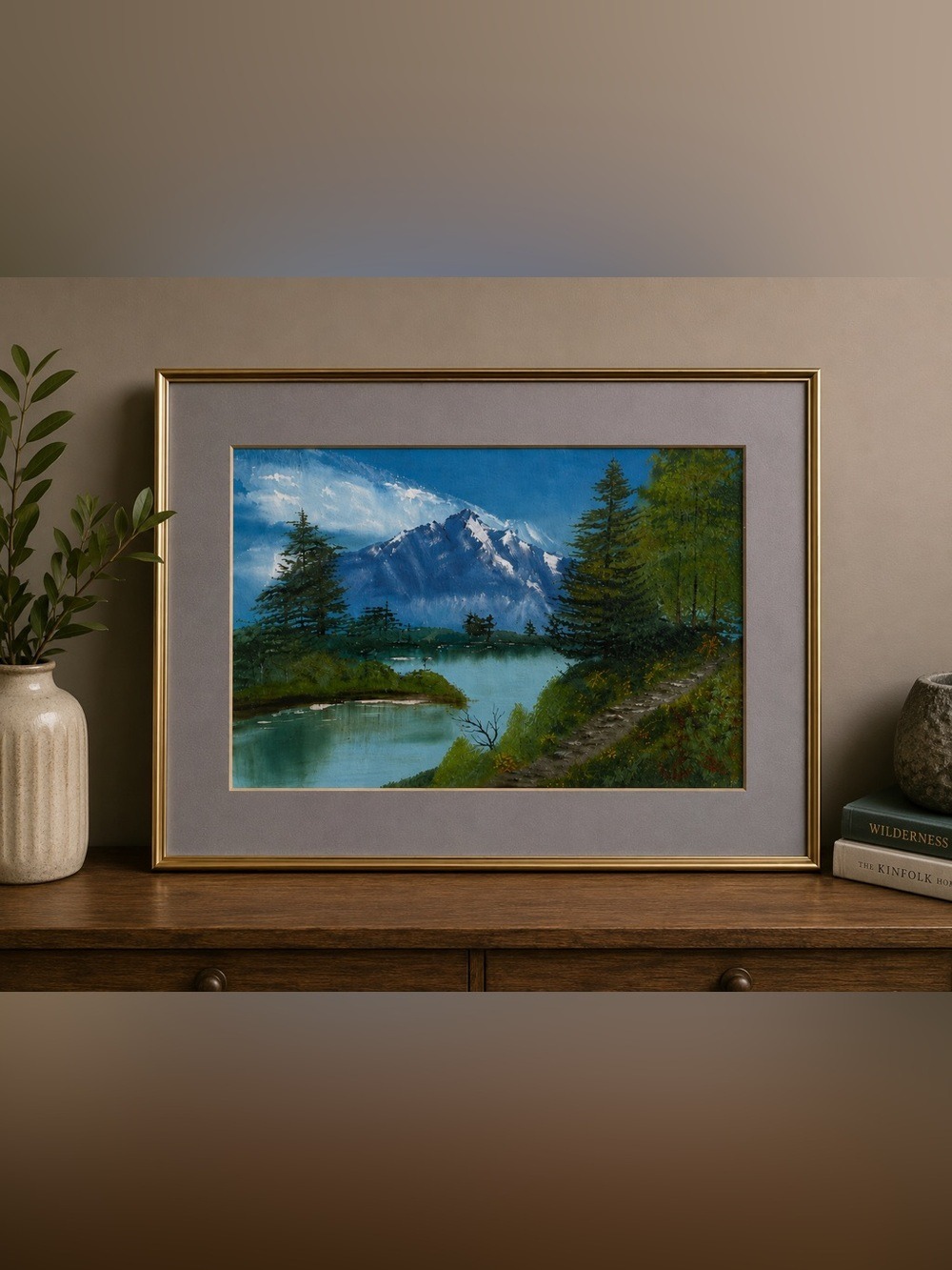 Vintage Framed Mountain Landscape Art 🌲 Scenic Lake & Forest • Approx. 21” Wide